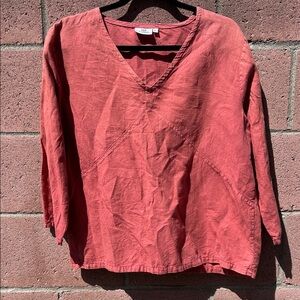 Hotton Cotton Natural 100% Linen Women's Salmon V-Neck Popover Blouse Large L